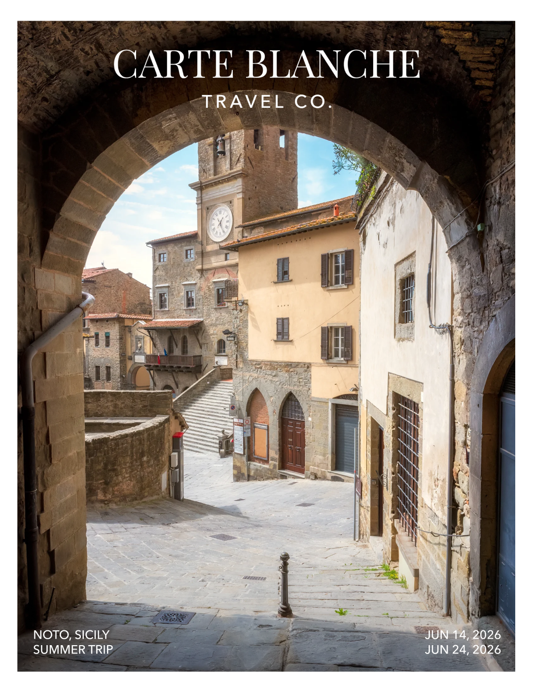 Historic street scene in Noto, Sicily with a stone archway, cobblestone street, staircase, and old buildings with shutters, clock tower, and blue sky.