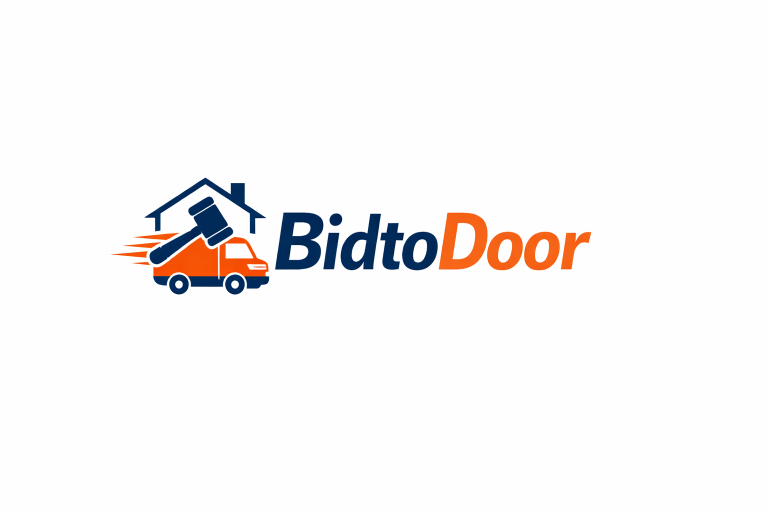 Company logo with a house, a delivery truck, and a hammer, featuring the text "BidtoDoor" in blue and orange.