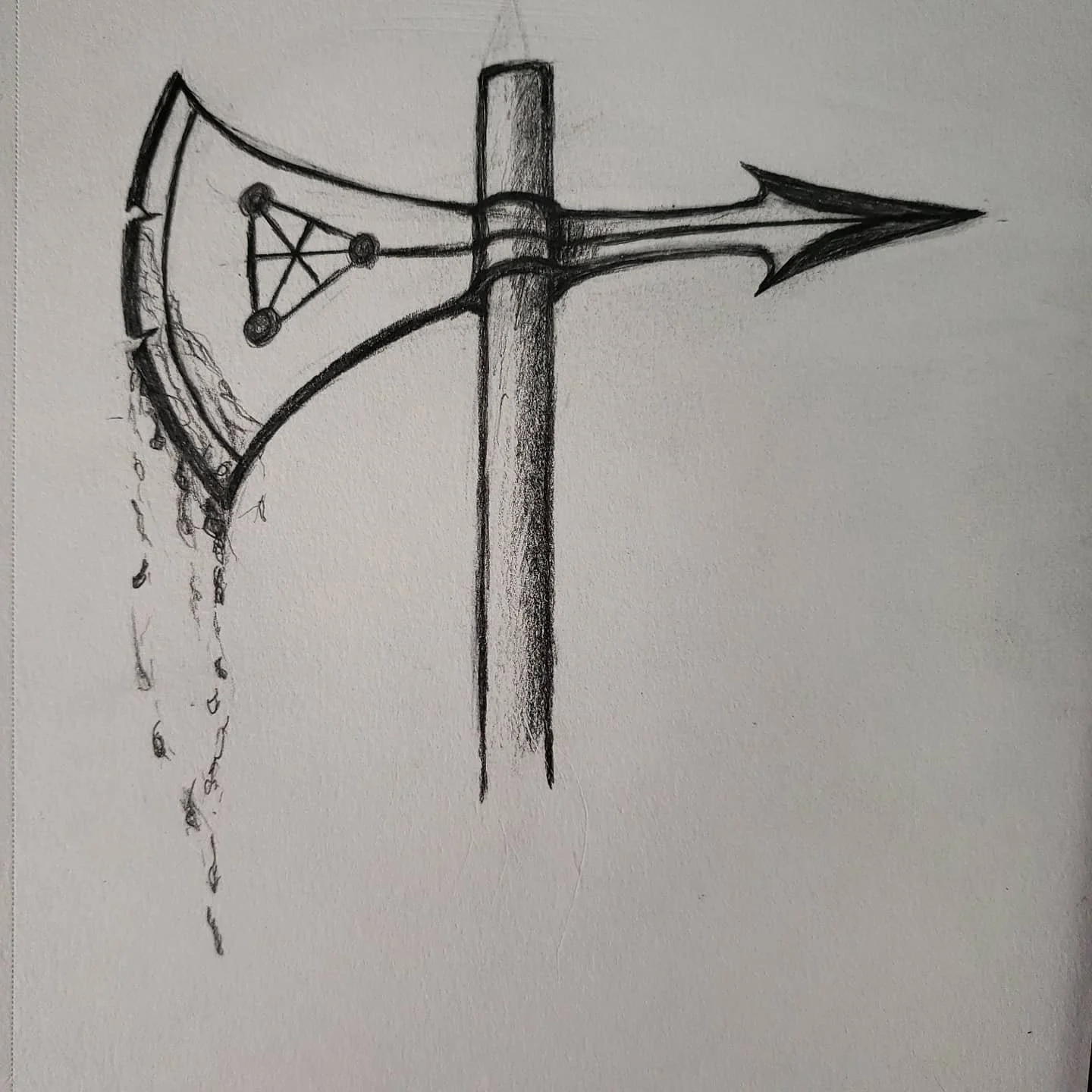 A black and white pencil sketch of an axe that appears to be melting or dripping blood.