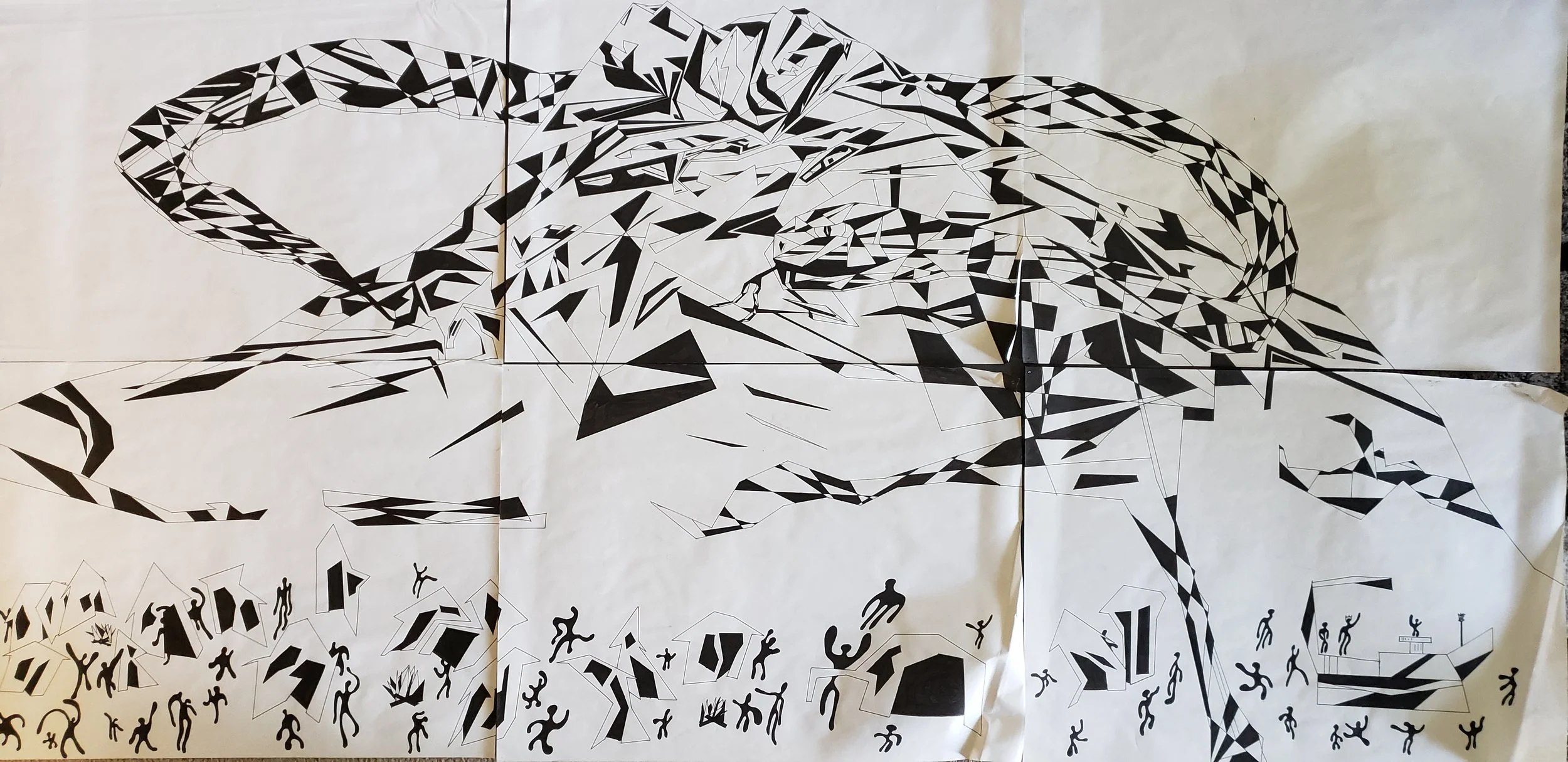 Black and white abstract geometric illustration of a large frog with people climbing on and around it, with smaller figures dancing and jumping below.