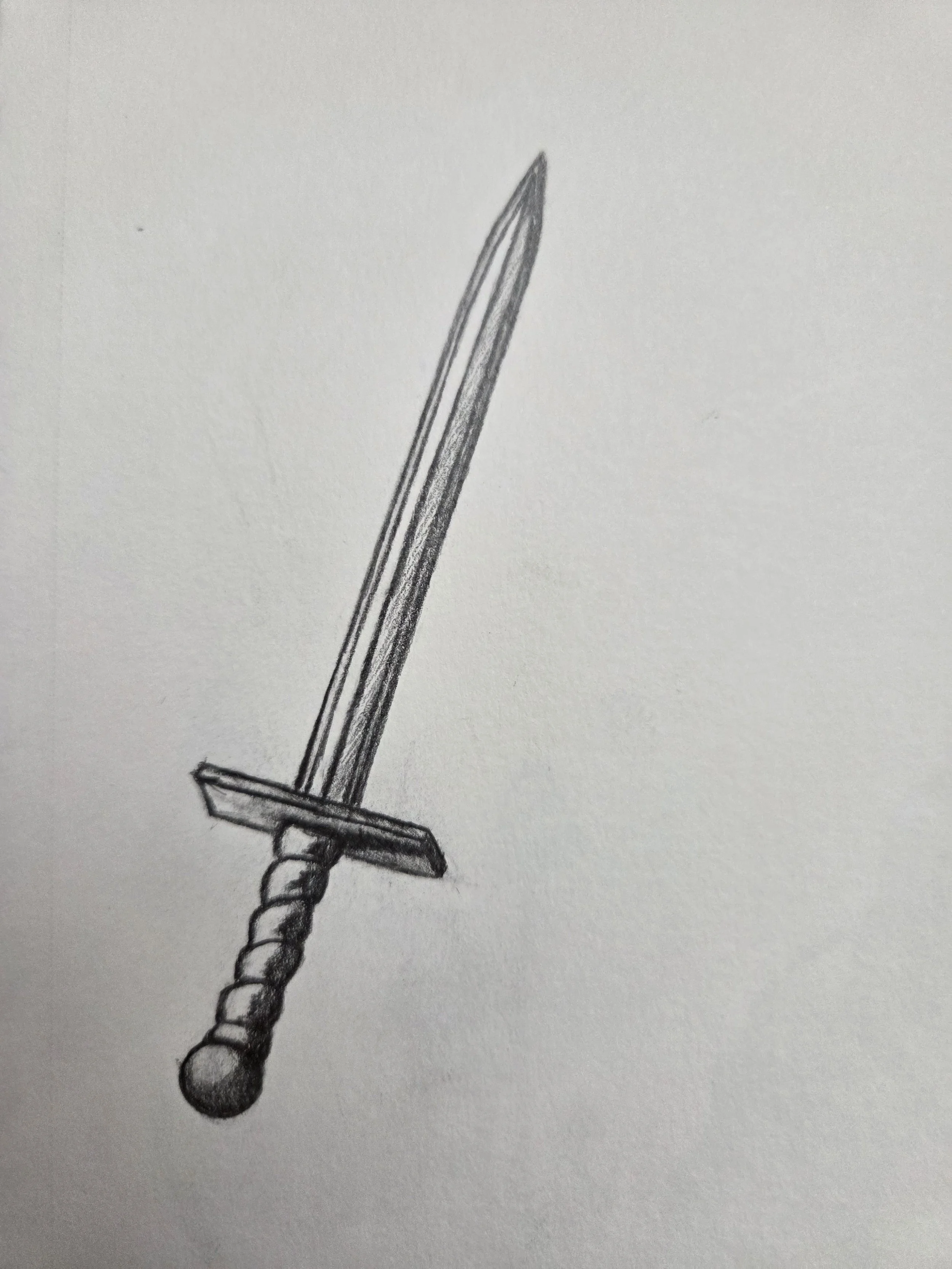 A pencil drawing of a medieval-style sword with a straight double-edged blade, cross guard, and twisted handle.