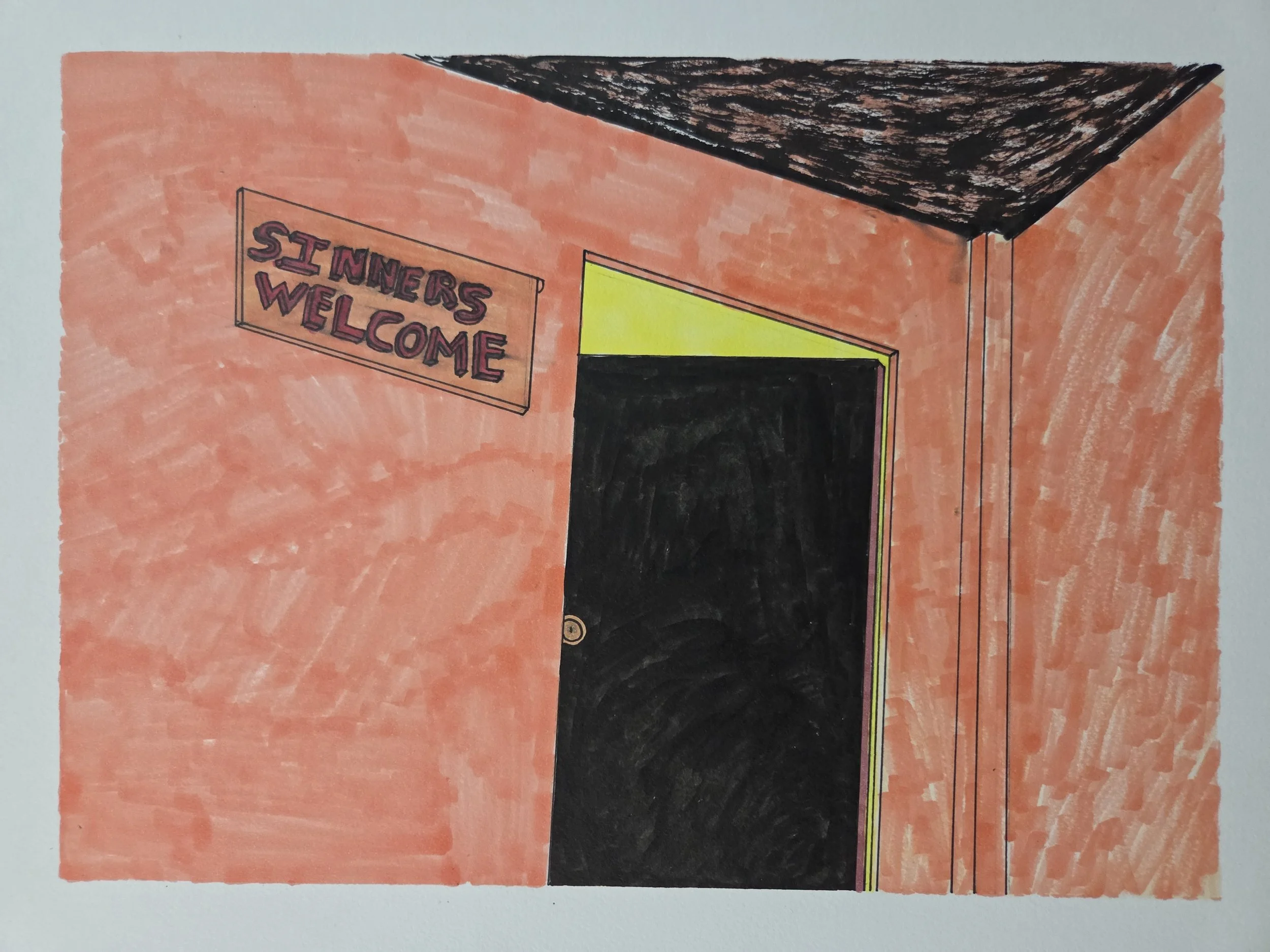 Drawing of a pink-colored room with a black door, a yellow light emanating from the door, and a pink sign on the wall that says 'Sinners Welcome' in purple and red letters.