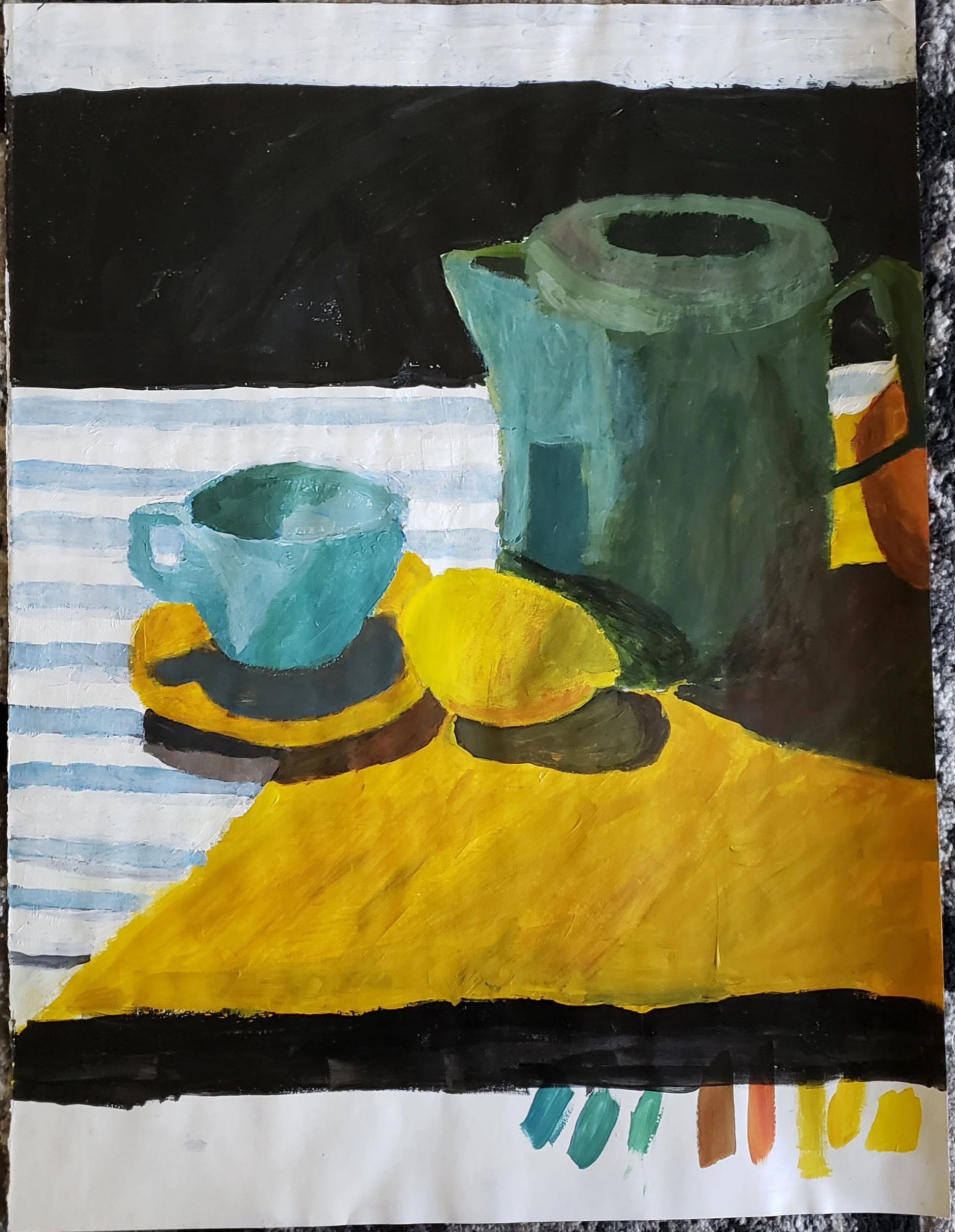 A still life watercolor painting depicting a blue tea cup on a yellow with black placemat with a lemon in front of it, a green teapot, a striped cloth, and a colorful paint palette at the edge of a yellow table with a dark background.