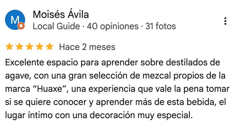 Reseña de un guía local llamada Moisés Ávila, quien recomienda un espacio para aprender sobre destilados de agave, con una selección de mezcal y una decoración especial.