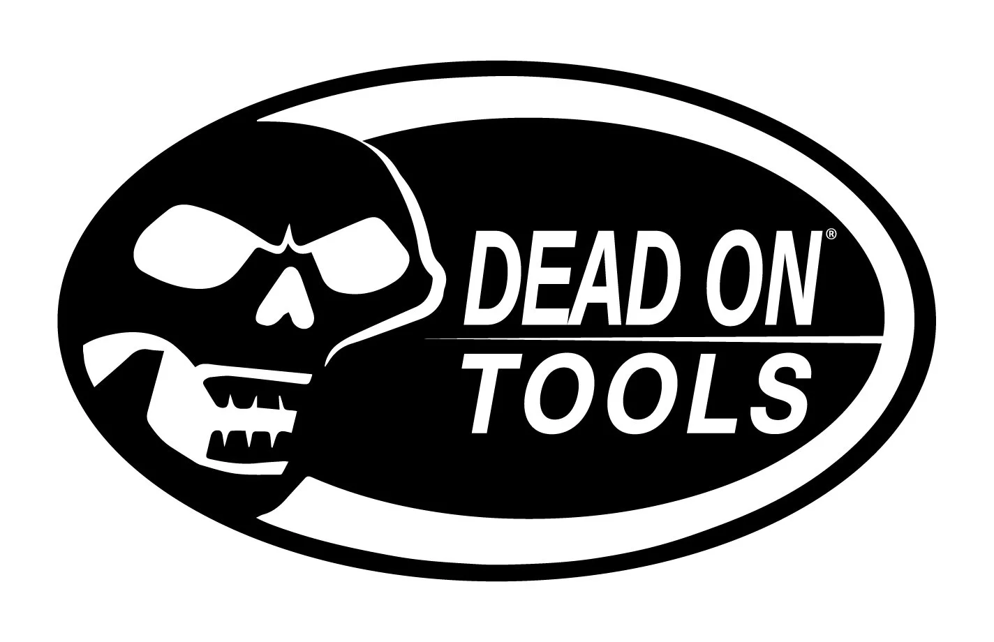 Black and white logo with a skull wearing sunglasses and the text "Dead on Tools" inside an oval shape.
