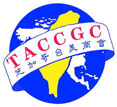 Logo for the TACCGC organization featuring a yellow outline of South America on a blue background with a red and white banner and Chinese characters.