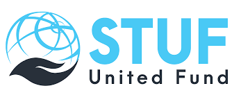 Logo of STUF United Fund with a stylized globe and a hand, in blue, black, and white colors.