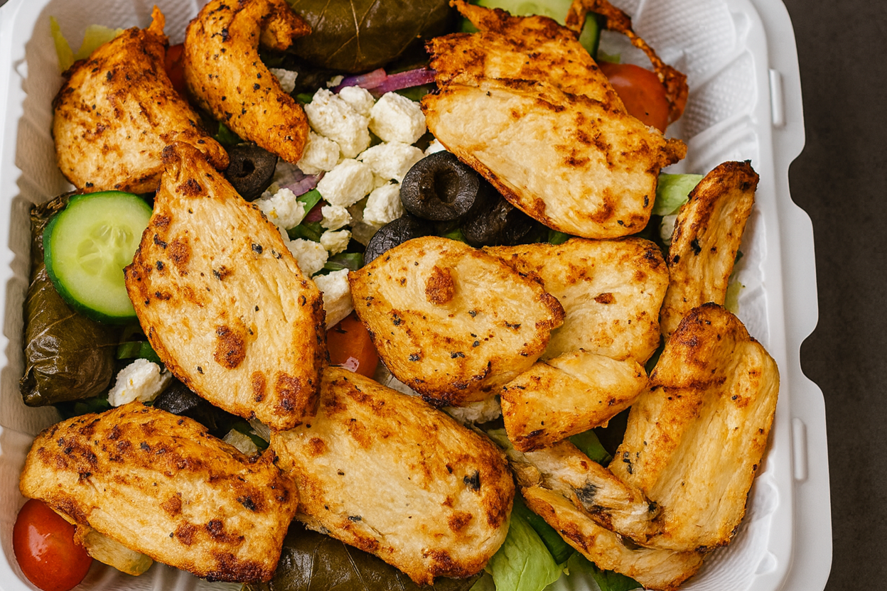 Salad with grilled chicken pieces, cucumbers, grape tomatoes, black olives, crumbled feta cheese, and leafy greens in a white takeout container.