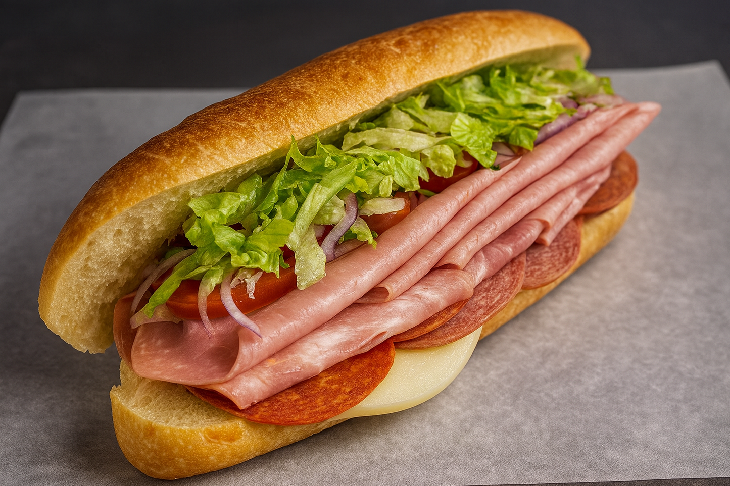 Sub sandwich with lettuce, tomato, onions, various deli meats, and cheese in a bun.