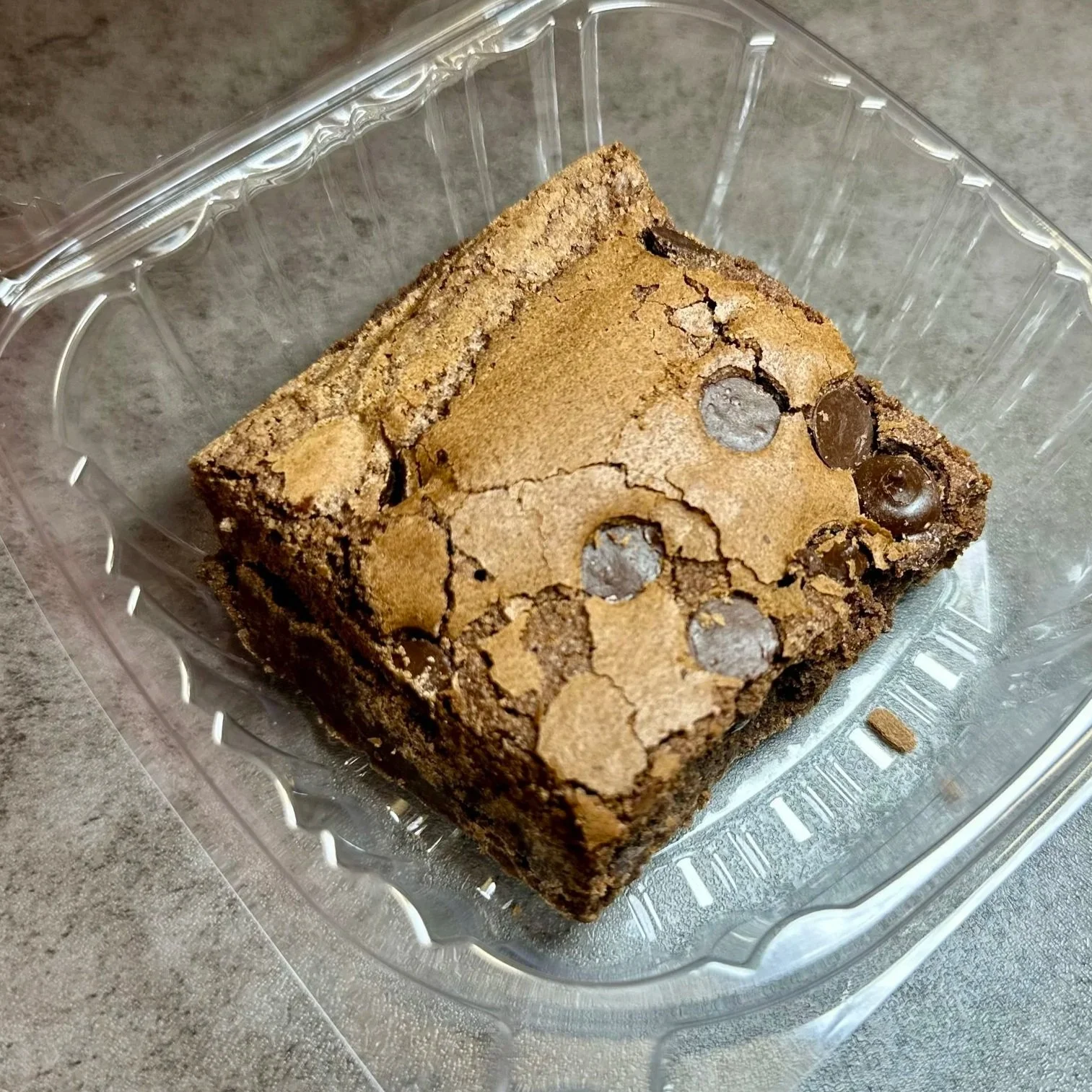 A chocolate chip brownie in a clear plastic container on a gray countertop.