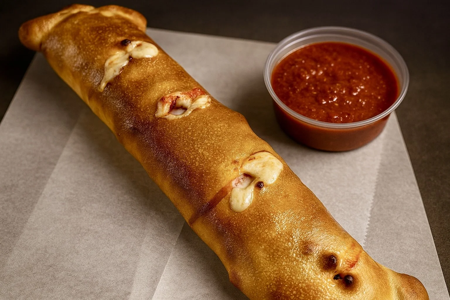 A cheese-stuffed breadstick with melted cheese on top, served with a side of marinara sauce in a small plastic cup on a piece of parchment paper.