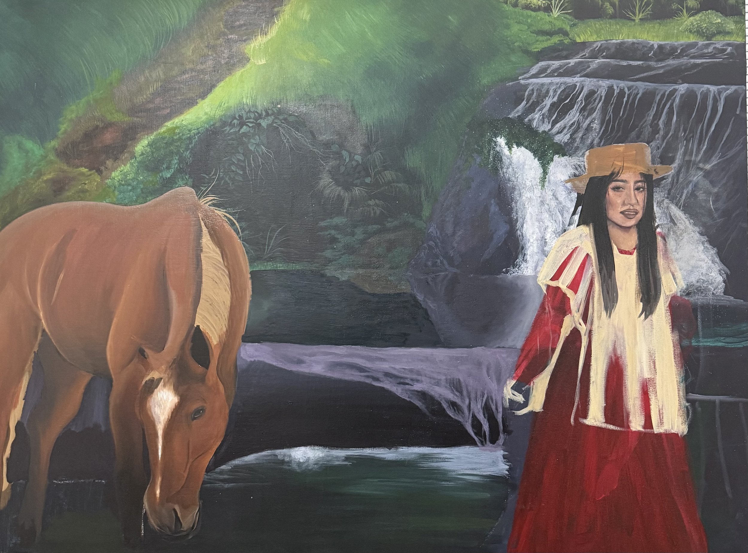 A painting of a woman with long black hair wearing a yellow and red dress, a straw hat, standing near a waterfall with greenery and rocks, and a brown horse on the left side.