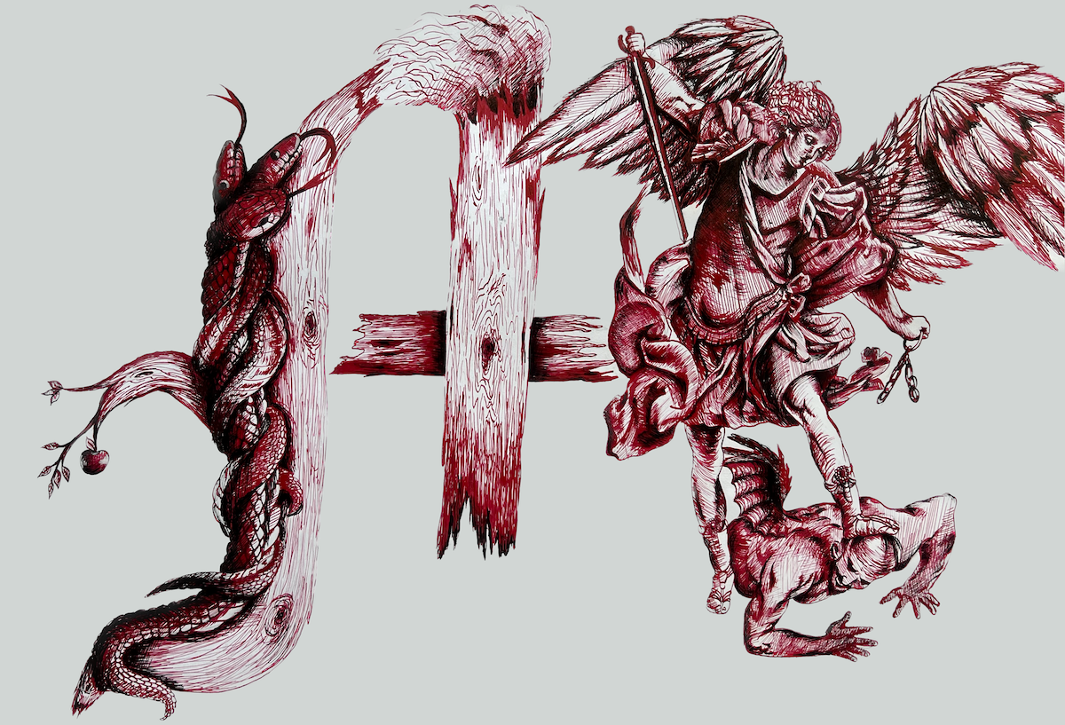 A drawing of a snake intertwined with the wooden cross and a winged angel fighting a demon.