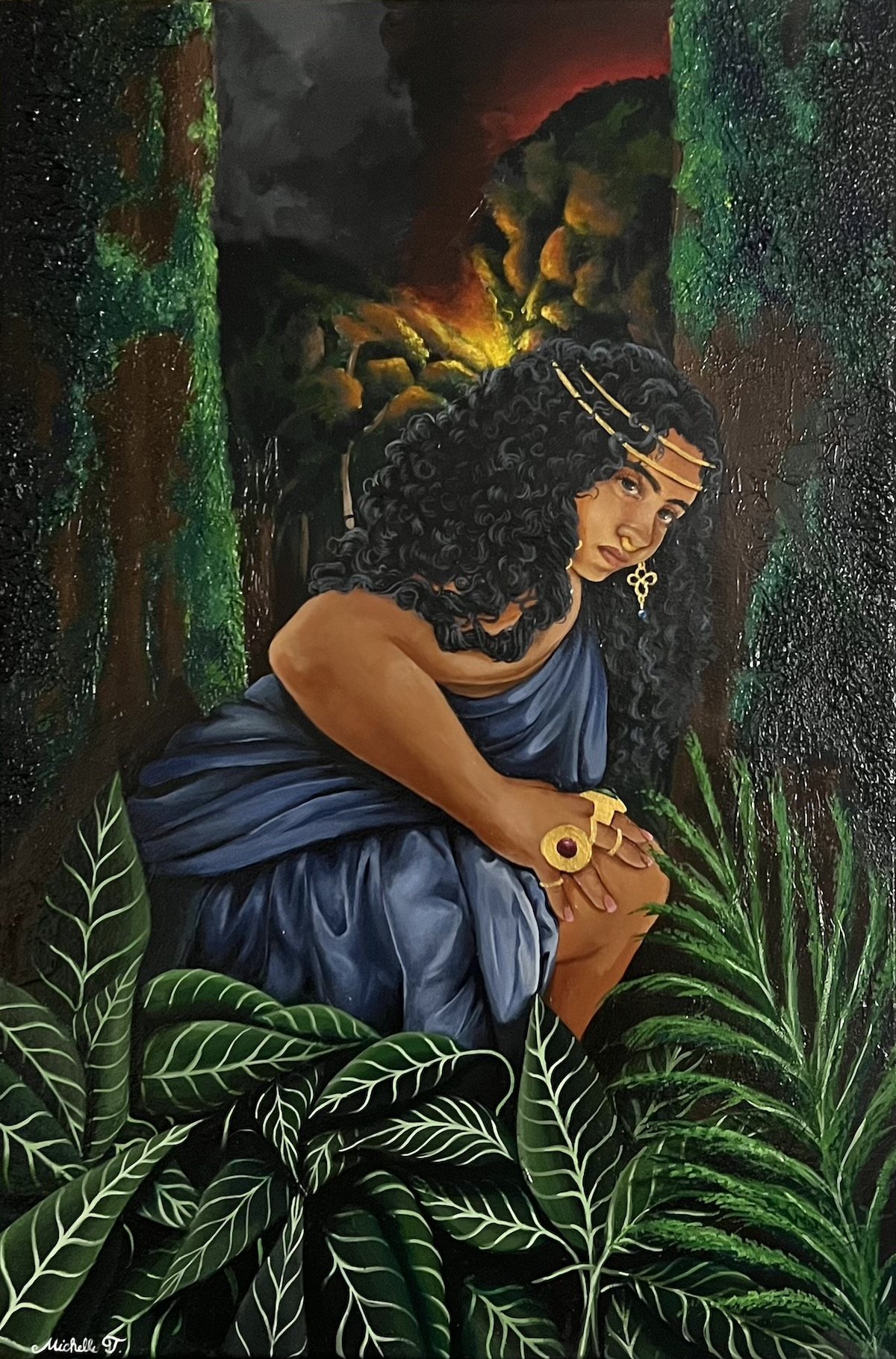 A painting of a woman with curly black hair wearing a blue dress and gold jewelry, crouching among lush green plants, with volcanoes erupting in the background.