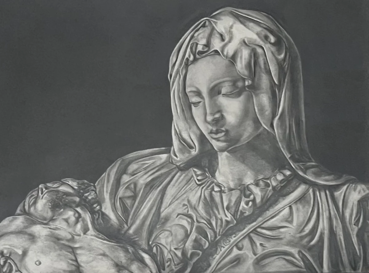 A grayscale drawing of an angel holding a lifeless man with a crown of thorns, symbolizing the Pietà scene.