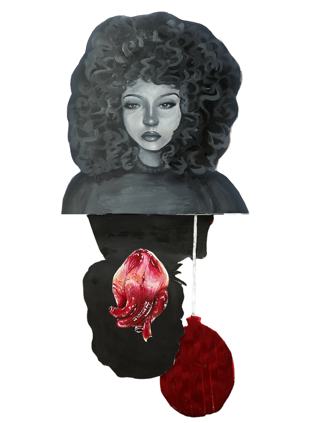 A black and white portrait of a woman with curly hair above a colorful surreal collage of a heart and a red object.