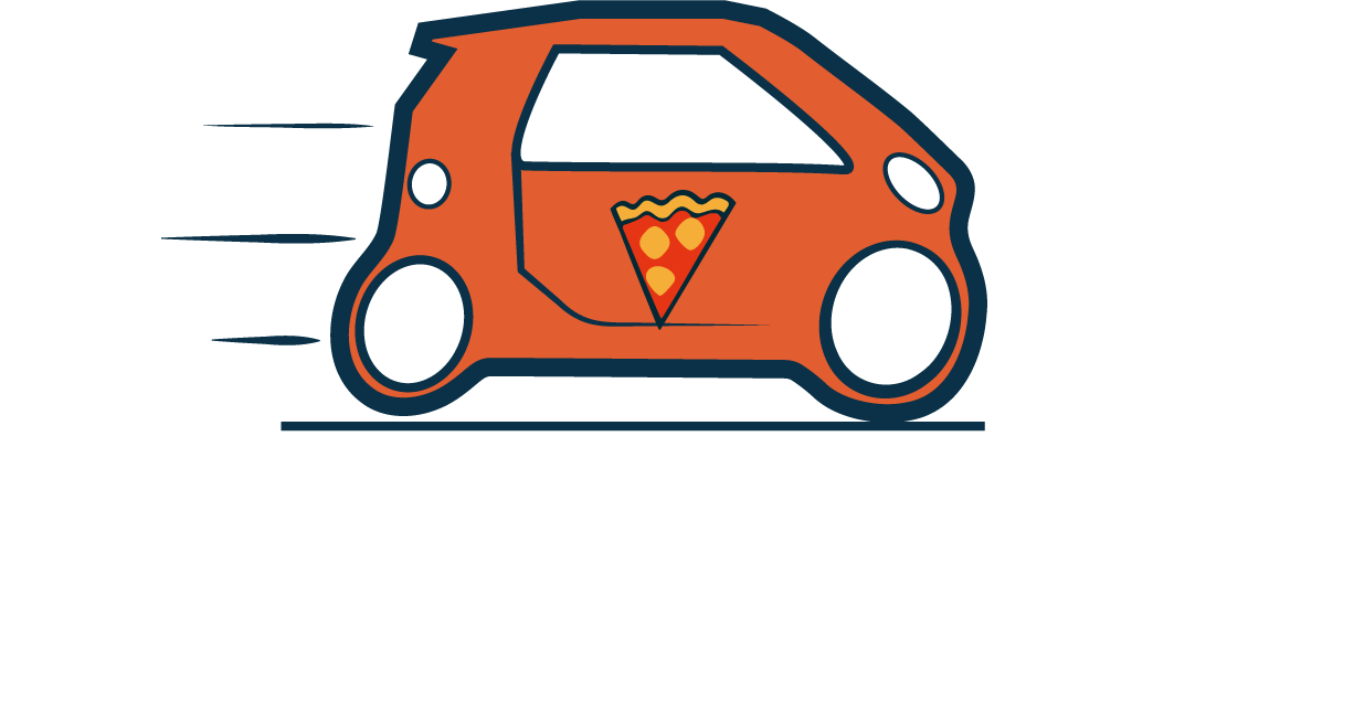 Un logo de una pizzería que muestra un coche con una rebanada de pizza en el lateral y el texto 'TU PIZZERIA vía corta'.