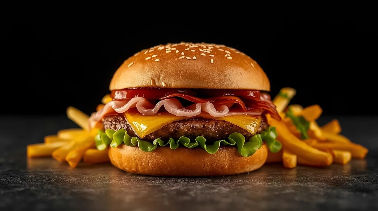 Hamburguesa con carne, queso, tocino, lechuga, jitomate, cebolla, y pan con semillas, acompañada de papas fritas