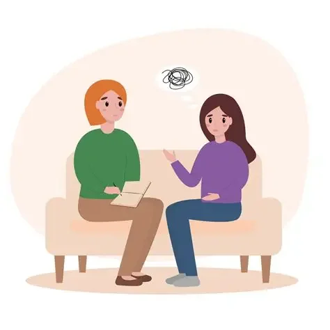 An illustration of two women sitting on a beige couch, having a conversation. One woman has red hair, wears a green top and brown pants, and the other has dark hair, wears a purple top and blue jeans. There is a scribble above the woman with dark hair indicating confusion or frustration.