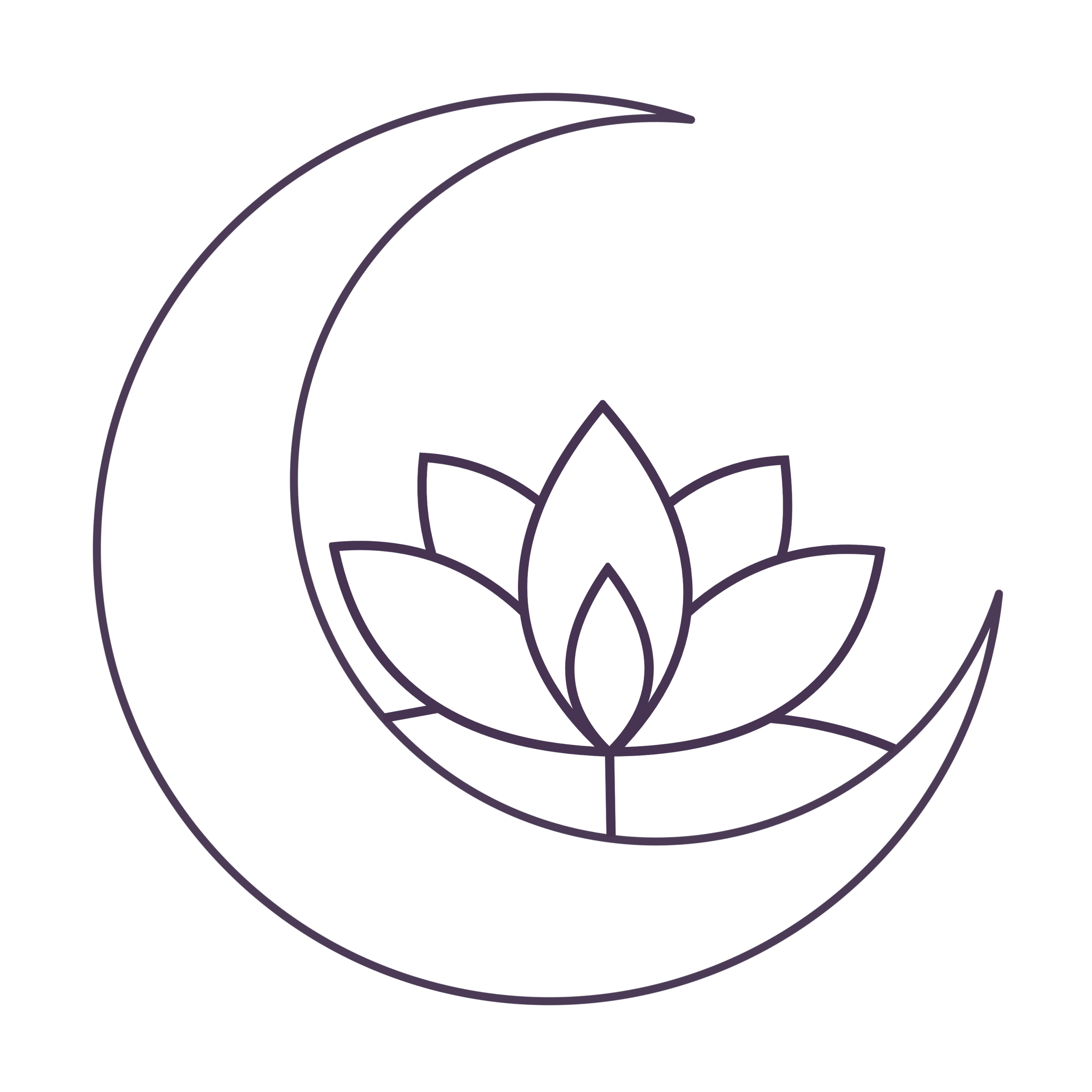 Minimalist line drawing of a crescent moon and a lotus flower inside the moon.