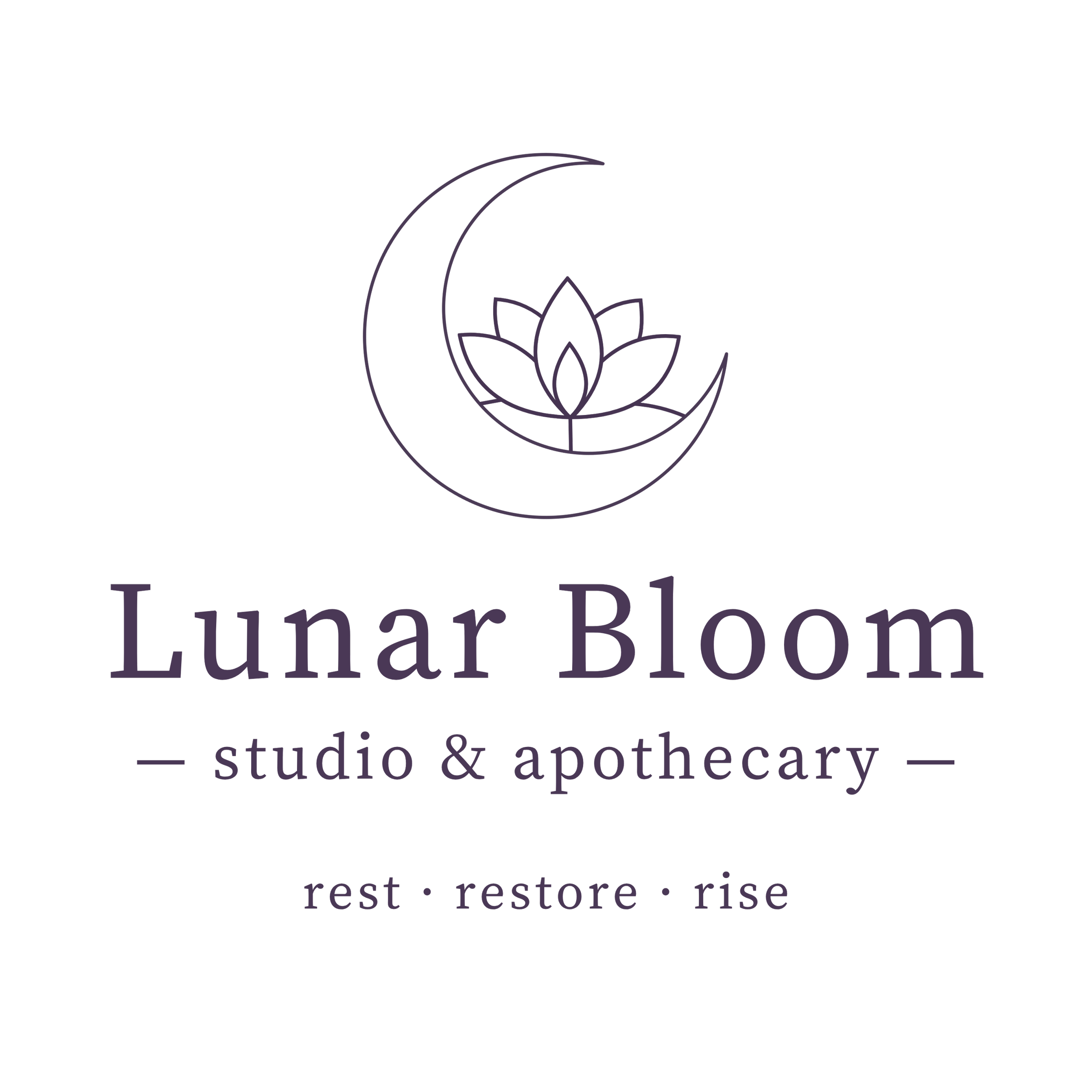 Crescent moon with blooming lotus. Lunar Bloom Studio & Apothecary. Rest, restore, rise.