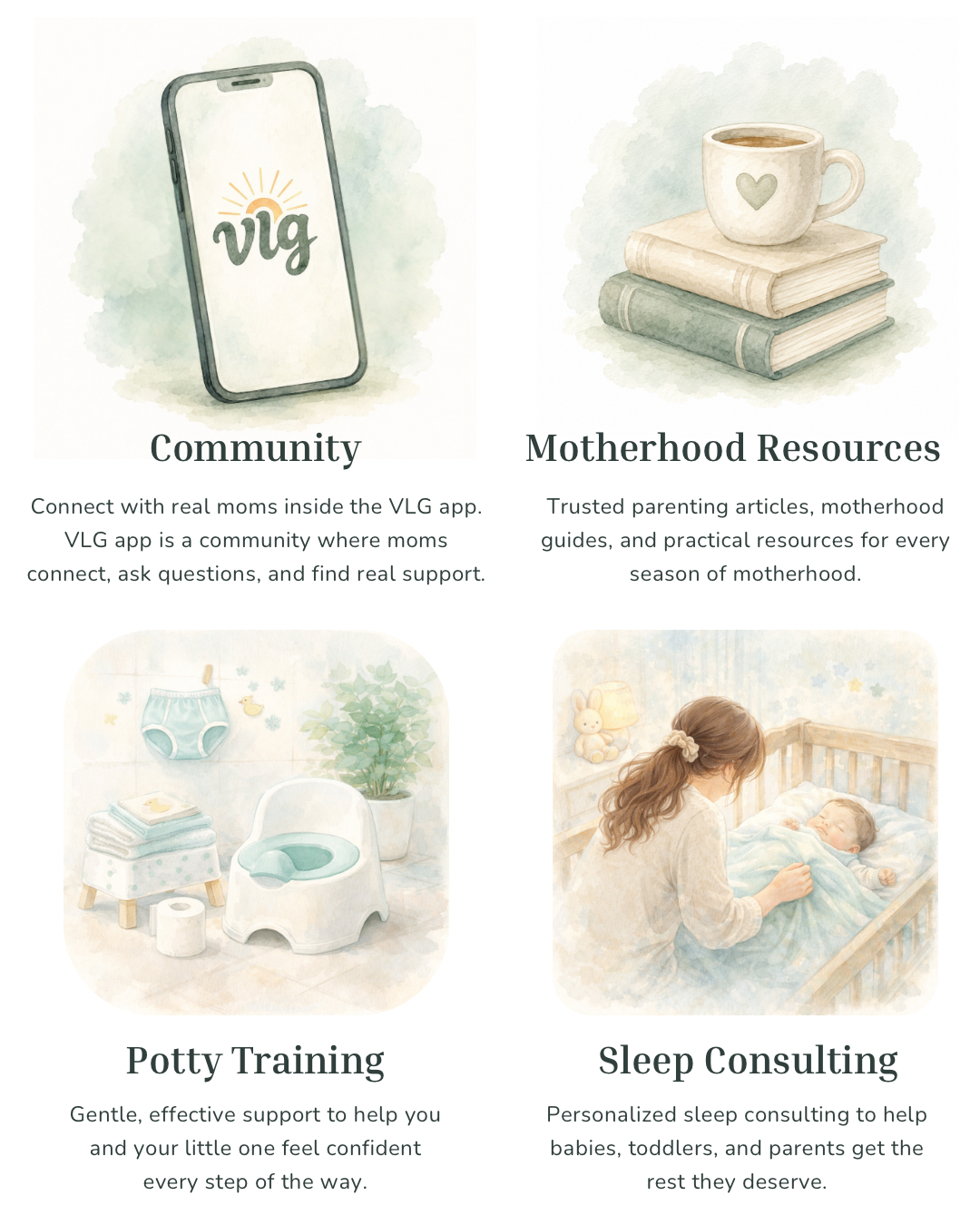 Illustration of the VLG Moms community app where moms connect, ask parenting questions, find support, and build friendships in a modern village for motherhood.