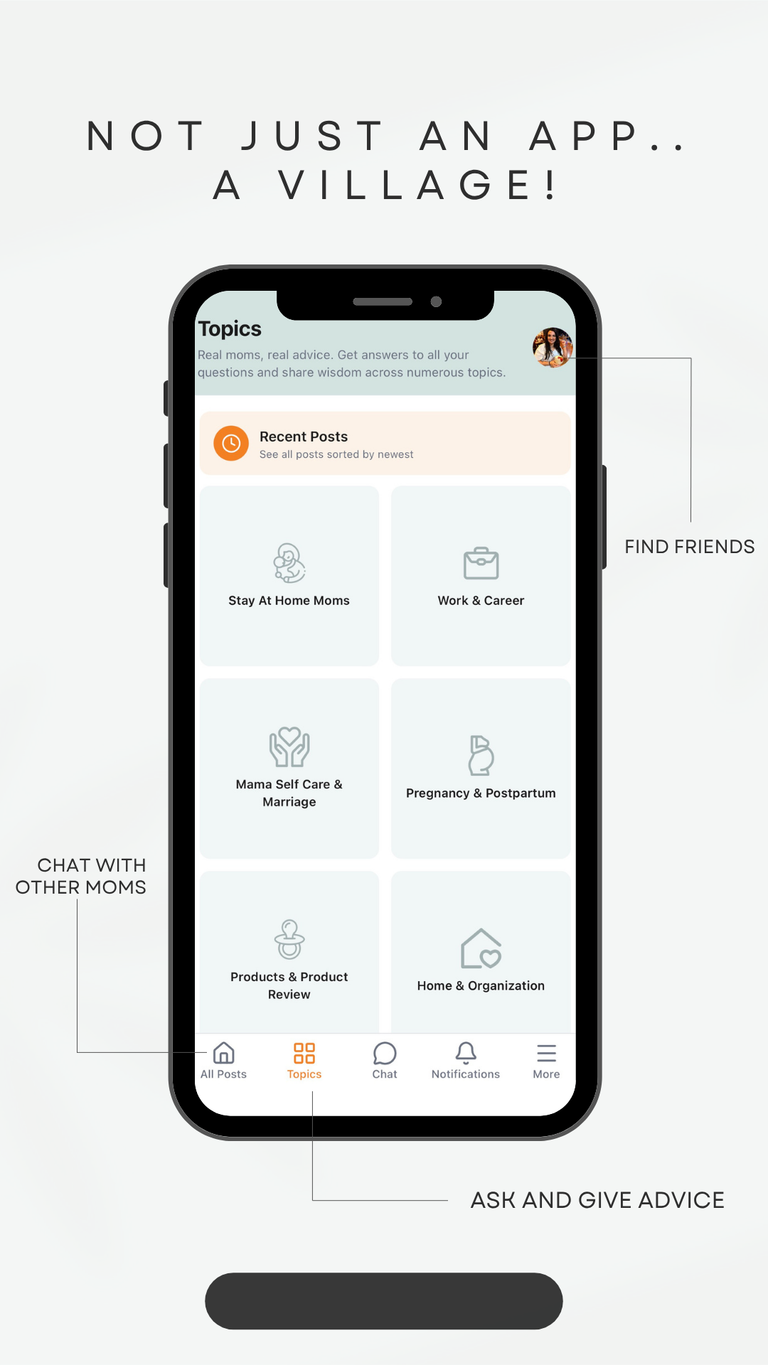 Smartphone screen displaying a social app for moms, with sections for recent posts, topics such as stay at home moms, work and career, mama self care and marriage, pregnancy and postpartum, product reviews, and home organization, with navigation icons for all posts, topics, chat, notifications, and more.