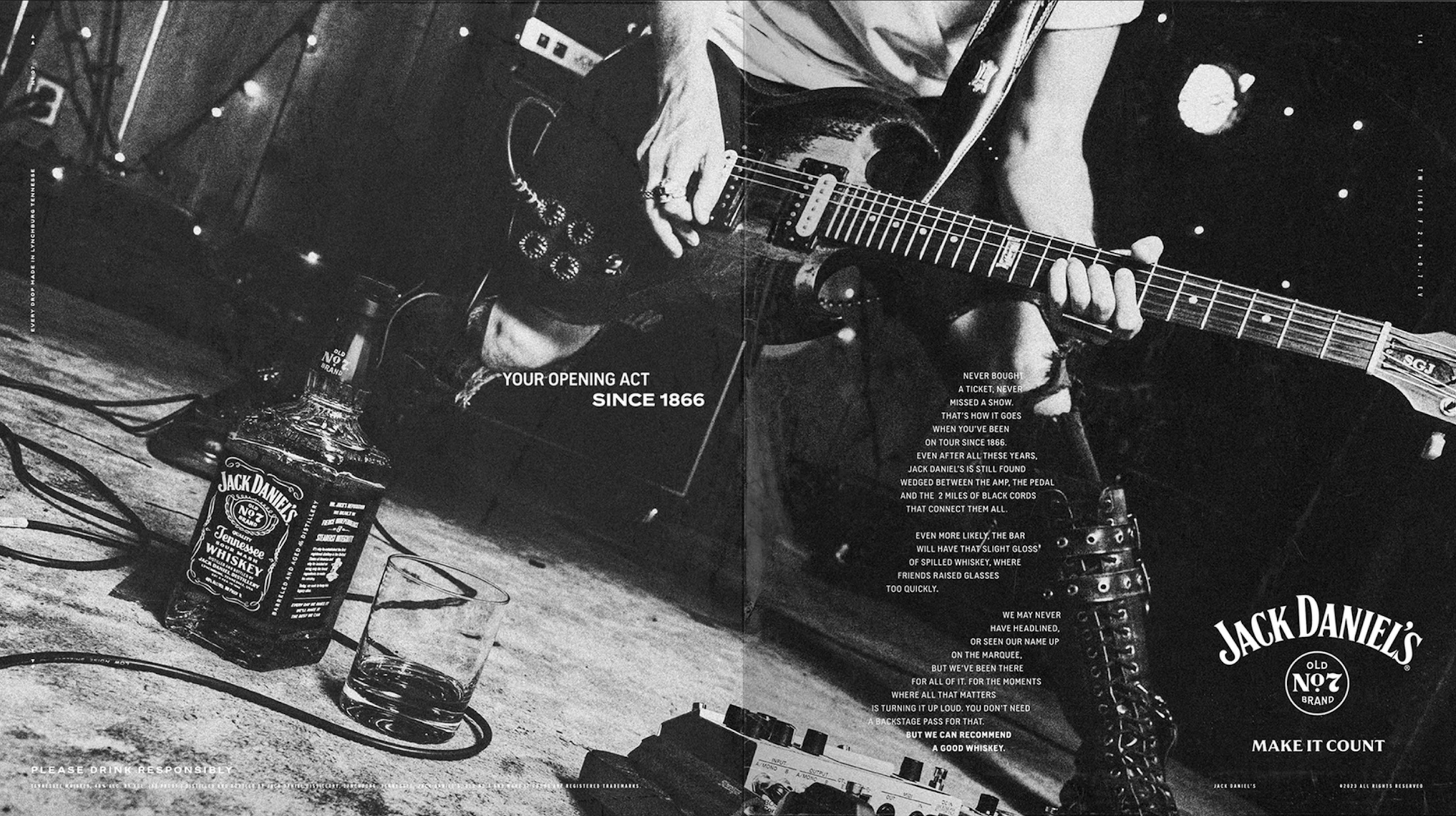 Black and white promotional image of a musician playing an electric guitar on stage, with a Jack Daniel's whiskey bottle and glass on a table in the foreground. The image includes text advertising Jack Daniel's since 1866, and a poetic narrative about the brand and music.