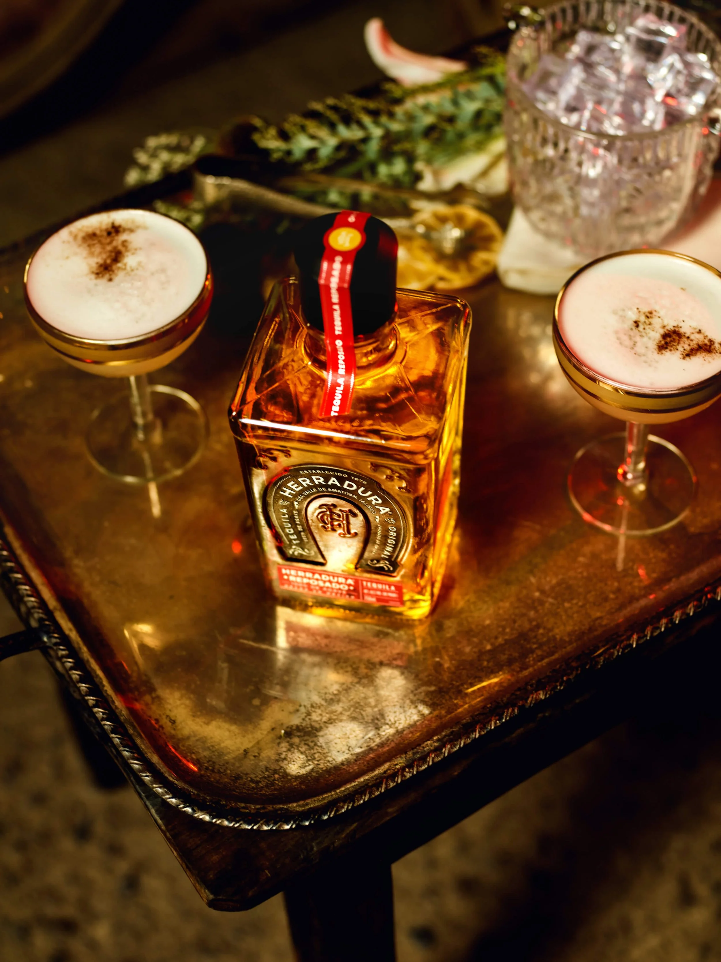 A bottle of Herradura tequila on a tray, flanked by two cocktail glasses with foam and sprinkled with cinnamon, a glass of water with ice, and some herbs and fruit in the background.