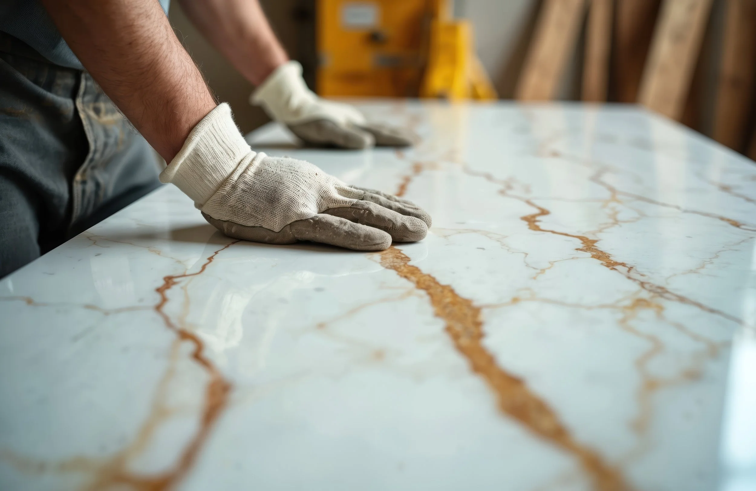 Stone fabricator polishing a marble slab during the fabrication process.