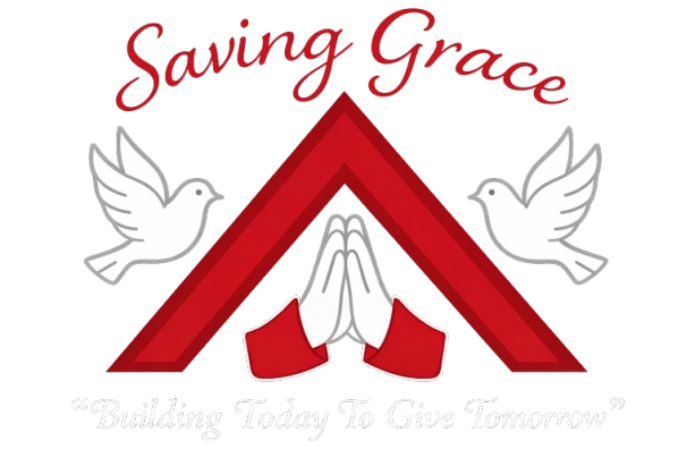 Logo with a red house roof, two white doves, praying hands, and text that says 'Saving Grace' at the top and 'Building Today To Give Tomorrow' at the bottom.