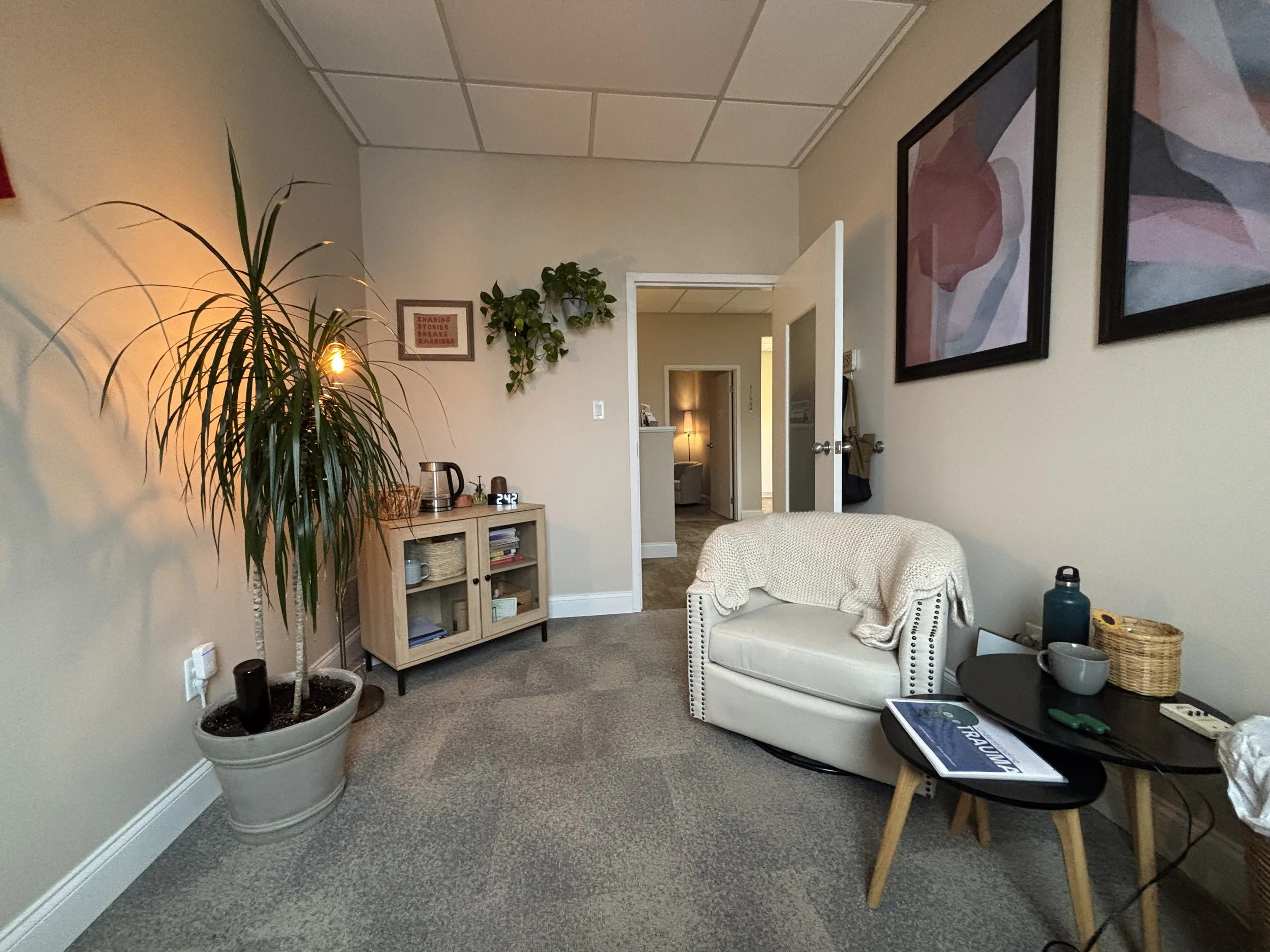 A cozy living room corner with a large potted plant, a white armchair with a textured blanket, a small black table with gray bowls, and framed art on the wall. The room has a doorway leading to another area with visible furniture and lighting.