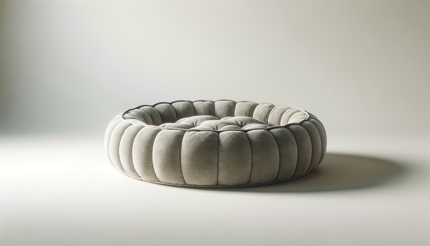Round, tufted, beige velvet ottoman with a circular shape and shadow on the right side against a minimal, light background.