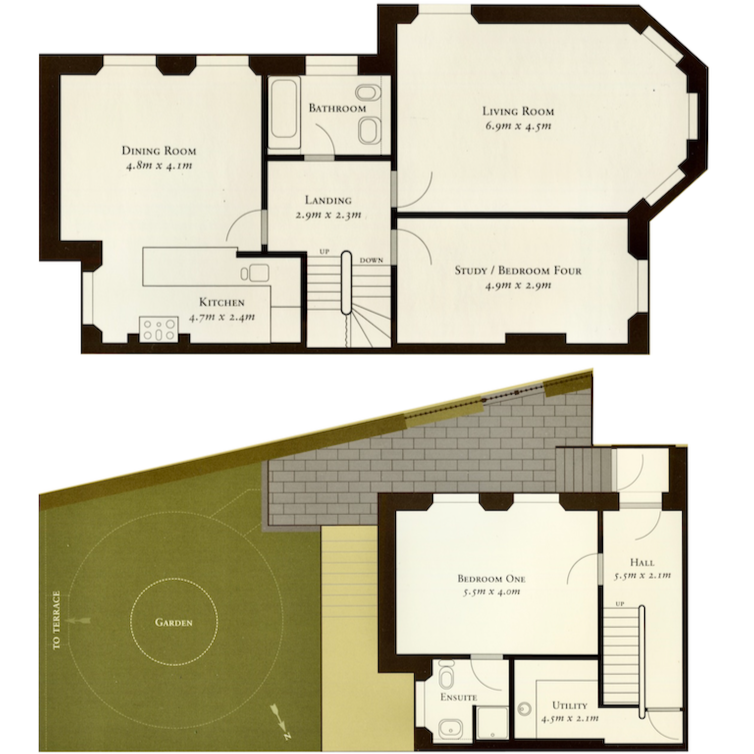 Floor plan of a two-story house in Cotham, Bristol showing rooms including living room, kitchen, dining room, bathroom, bedroom, study, hall, utility, and garden with stairs for upper and lower levels.