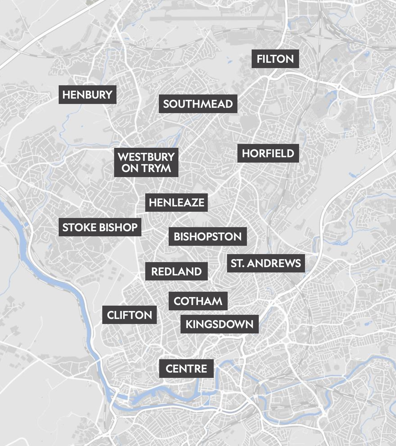 Map of Bristol neighborhoods, names labeled, including Stoke Bishop, Redland, Cotham, Clifton, Southmead, Horfield, Henleaze, Westbury-on-Trym, Kingsdown, Centre, St. Andrews, Bishopston, Henbury, and others.
