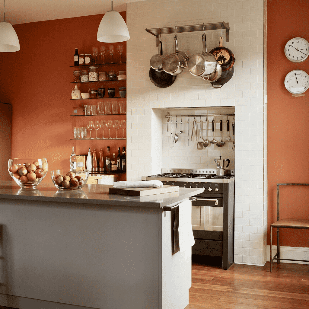 Modern kitchen in Cotham, Bristol with white brick wall and open shelving, hanging pots and pans, and a grey stove. There is a counter with bowls of onions and alcohol bottles, a chair with a rust-colored cushion, and clocks on the wall.