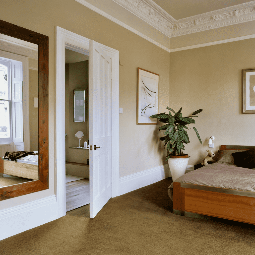 A bedroom in Cotham, Bristol with beige walls, a wooden bed, and a large potted plant next to the bed. There are framed pictures on the walls, a bedside light, and a stuffed bear on the bed. A doorway leads to a bathroom with a mirror and a window.