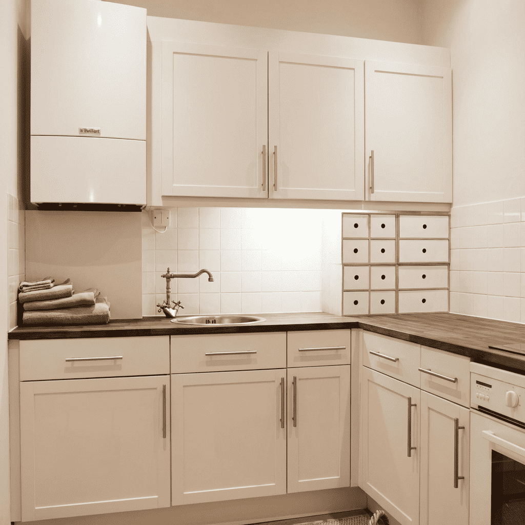 Modern utility room in Cotham, Bristol with cabinets, a black countertop, a small sink, stacked towels, a small white cabinet with drawers, and an oven.