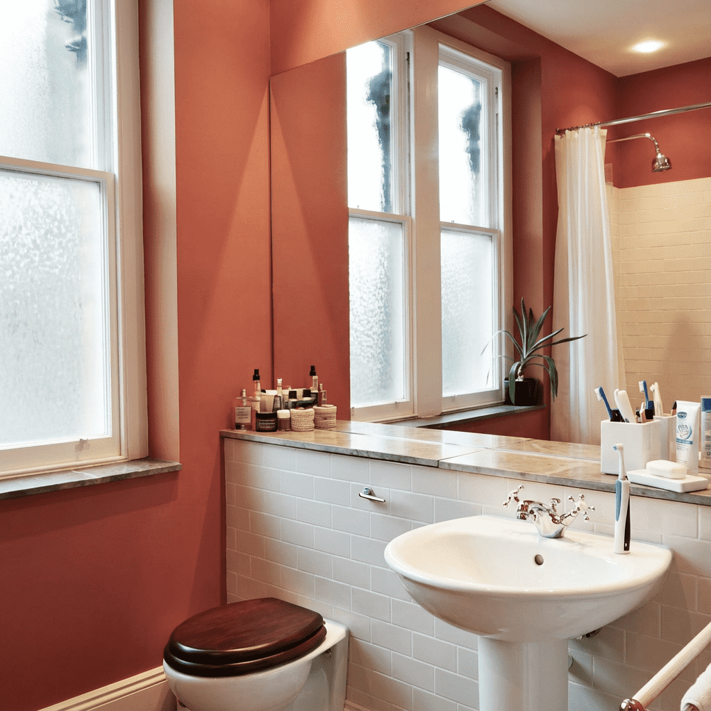 Bathroom in Cotham, Bristol with terracotta walls, frosted windows, white sink, and toothbrushes in a holder.