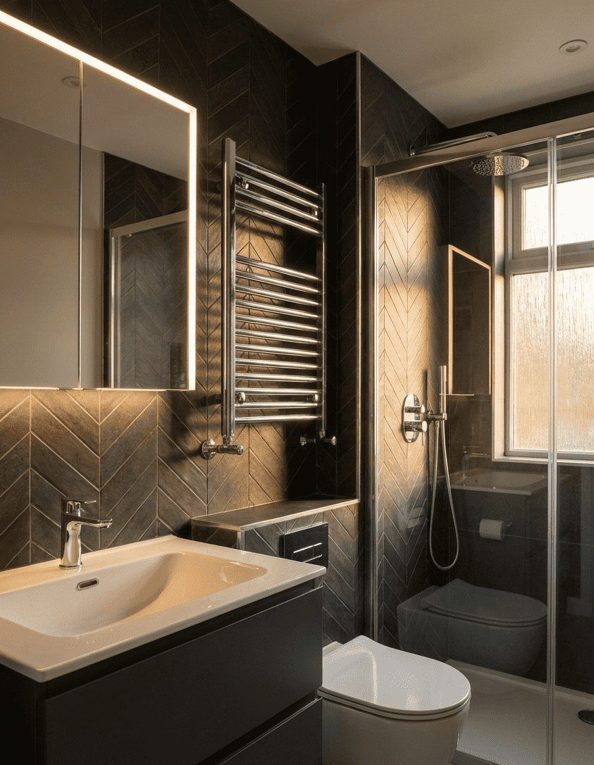 Modern bathroom with dark herringbone tiles, a white sink, a mirror with LED lighting, a towel warmer, a glass shower enclosure with a rain showerhead, and a toilet near a window.