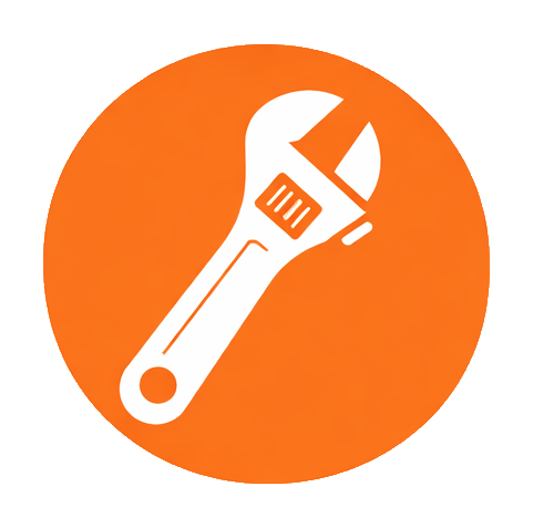 Icon of an adjustable wrench on an orange circular background.
