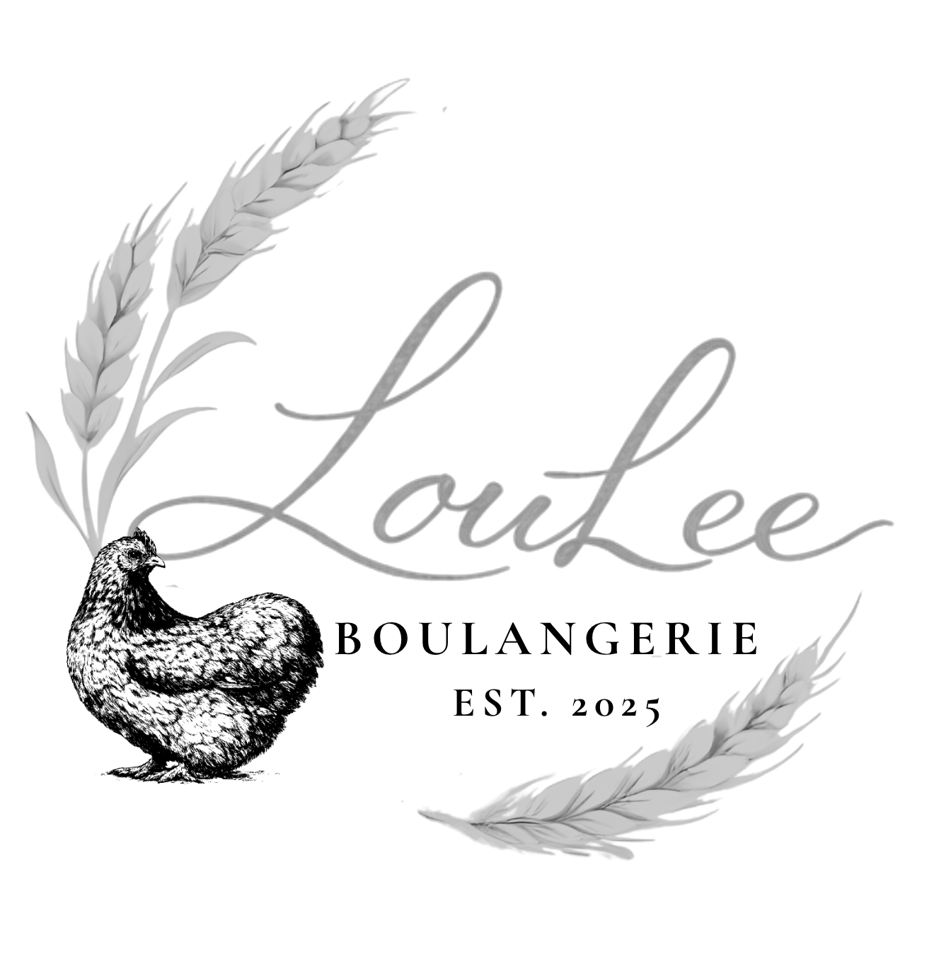 Black and white logo with the word "LouLee" in cursive, a hen illustration, and wheat stalks framing the text.