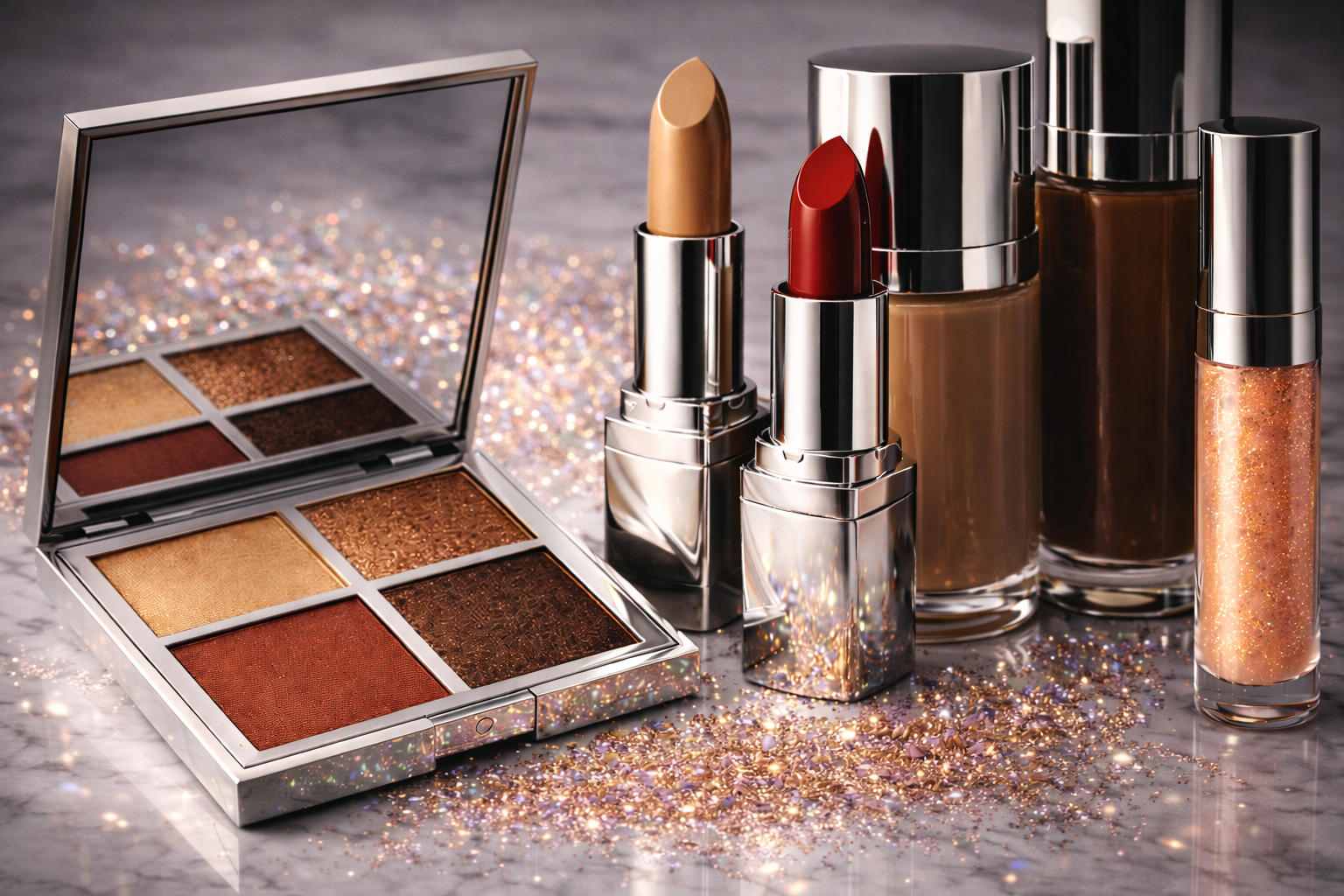Brand Aesthetic / Product Direction
Luxury makeup products including eyeshadow, lipstick, foundation, and lip gloss used for beauty brand consulting and product and formula development