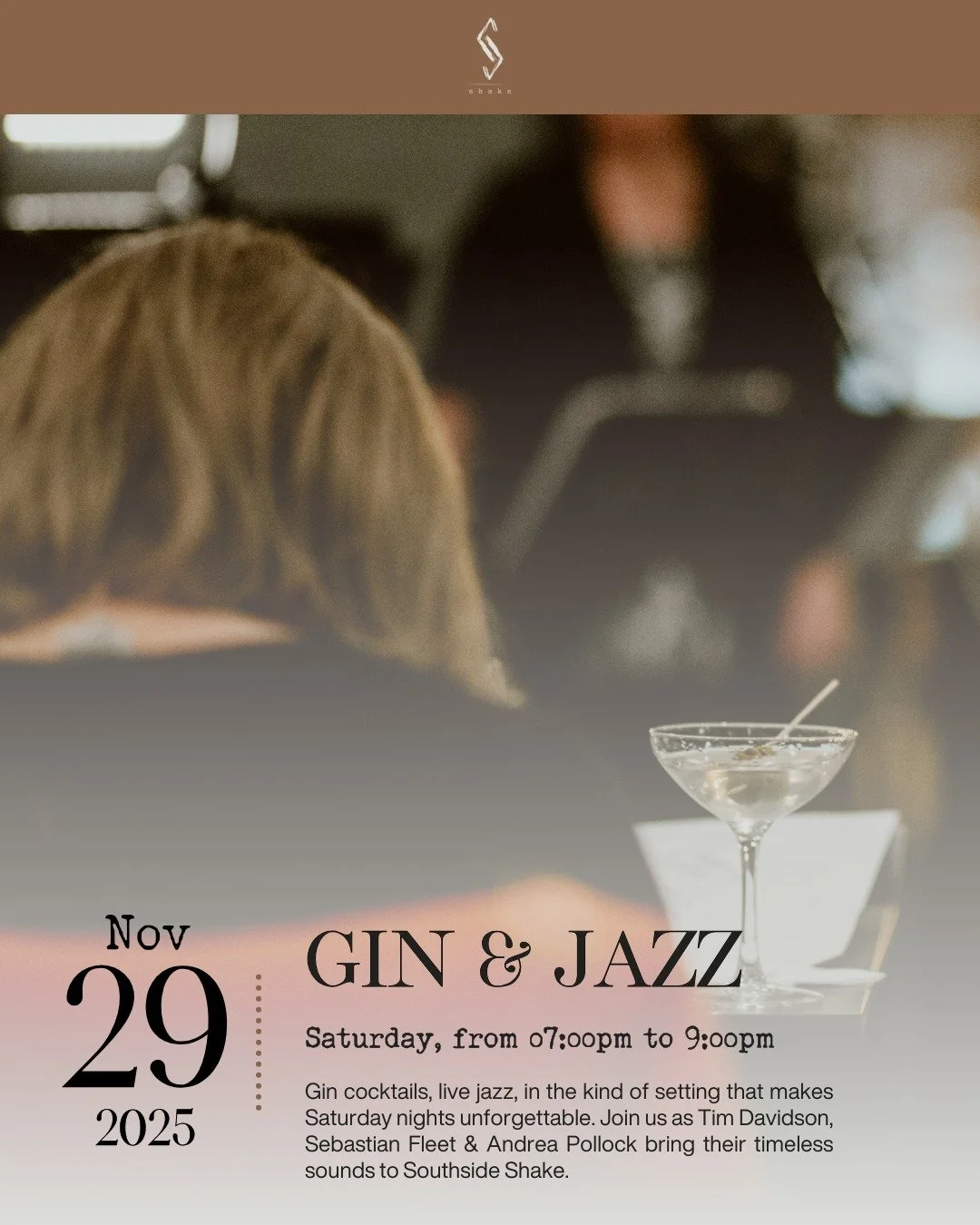 🎶✨ Join us tonight at Southside Shake for some smooth Gin &amp; Jazz featuring Tim Davidson, Sebastian Fleet, and Andrea Pollock! 🎷

Don&rsquo;t miss our featured cocktail of the weekend: the Velvet Twilight 🍸🌙, a stunning blend of First Light Gi