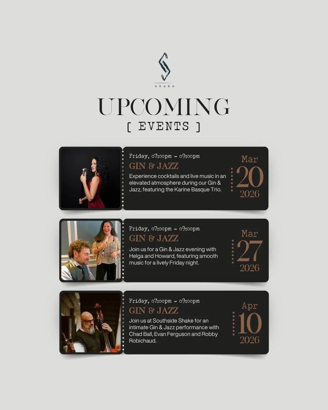 Take a look at what we have coming up at Southside Shake 🎷 

Save the dates and don&rsquo;t forget to reserve your table at picklejarfredericton.com

🍸 Cheers! ✨

#SouthsideShake #GinBar #FrederictonNights #GinAndJazz #LiveMusic