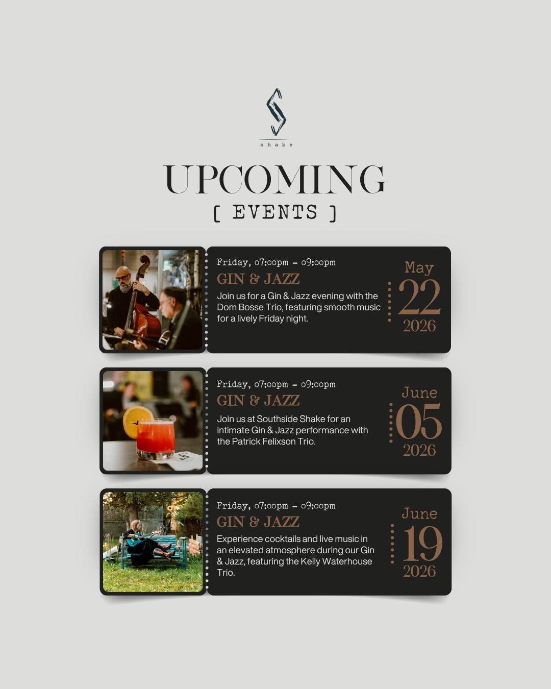 Here's what's coming up at Southside Shake. Save the dates, and we'll see you at the bar! 😉

#SouthsideShake #FrederictonEvents #GinAndJazz #LiveJazz #LiveMusicFredericton