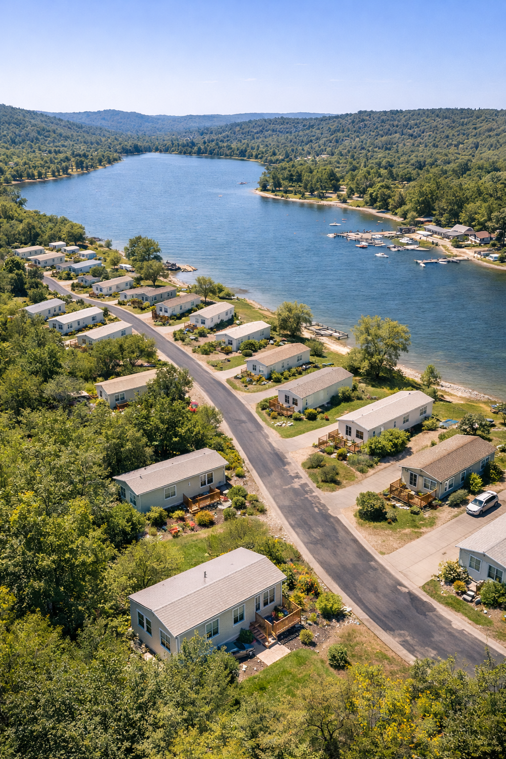 Aerial view of a lakeside neighborhood with rows of houses, greenery, and boats docked at marinas on a calm lake surrounded by forested hills.