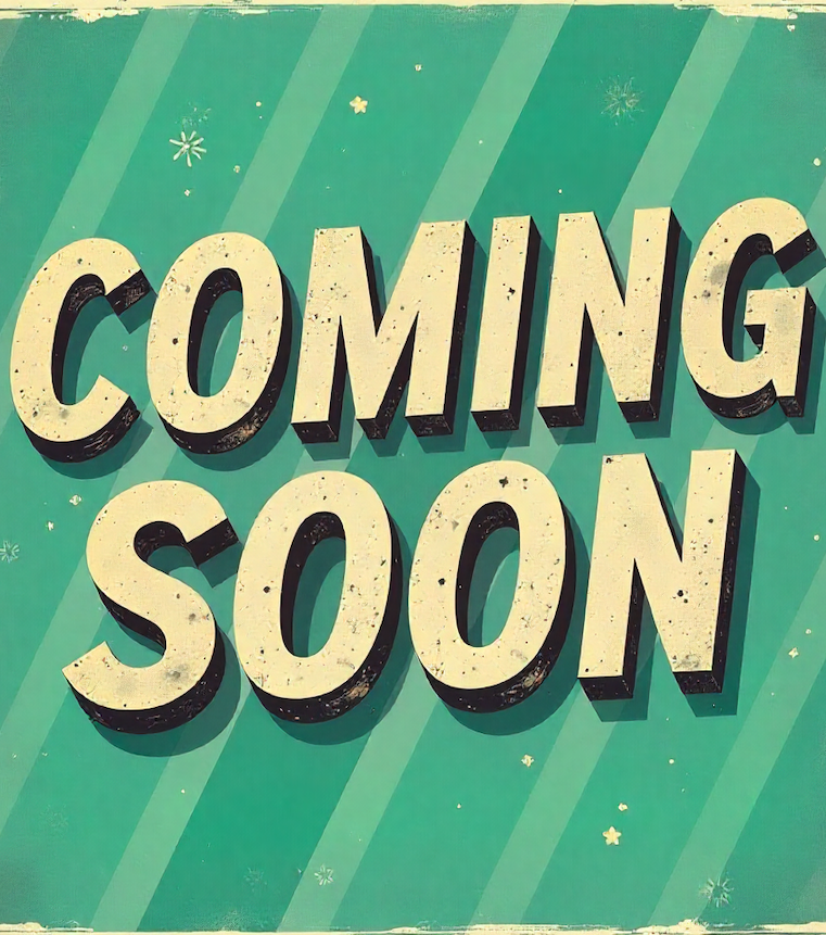 Sign with large white block letters saying "Coming Soon" against a teal background with snowflake decorations.