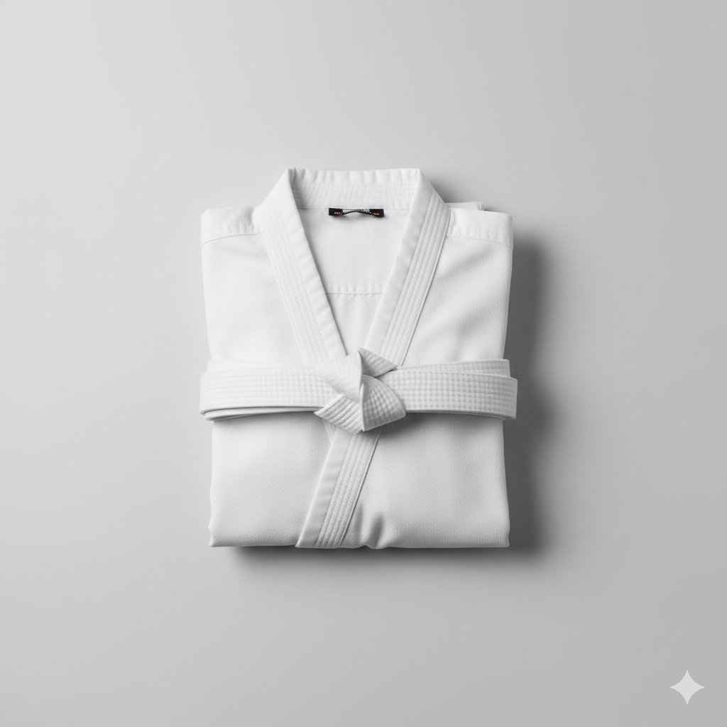 A neatly folded white martial arts gi with a tied white belt on top, placed on a plain gray background.