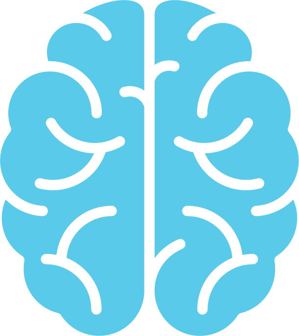 A stylized blue illustration of a human brain with black outlines.